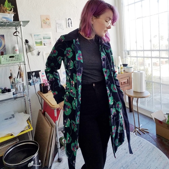 Modcloth Navy Green Floral Trench Coat - Picture 2 of 8